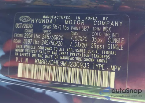 2021 Hyundai Palisade Calligraphy z USA, uszkodzony, nr VIN KM8R7DHE9MU230933